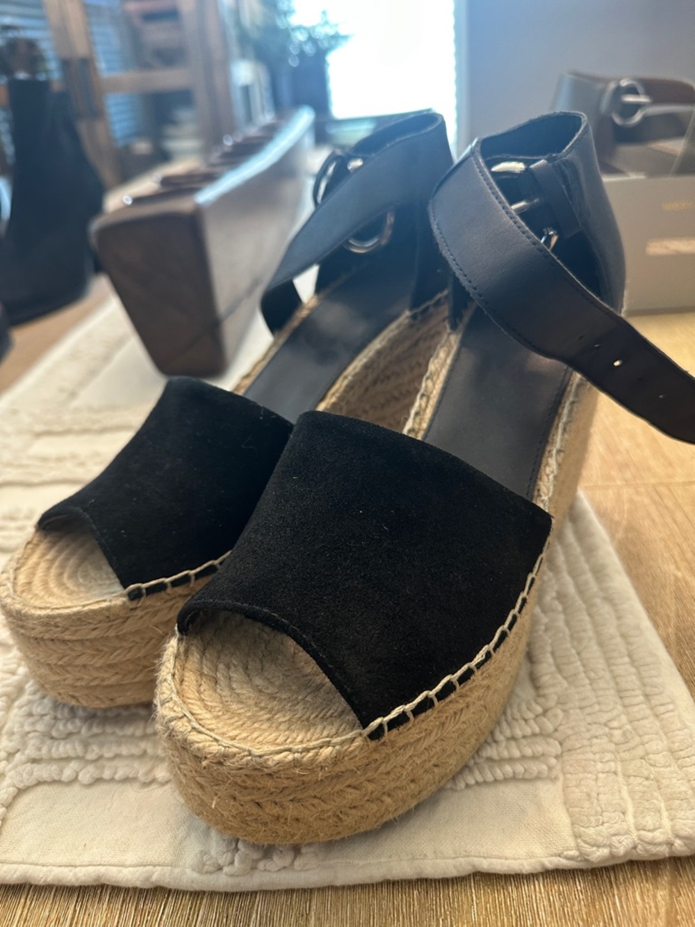 Marc Fisher Black Suede Espadrille Platform Wedge Sandals
